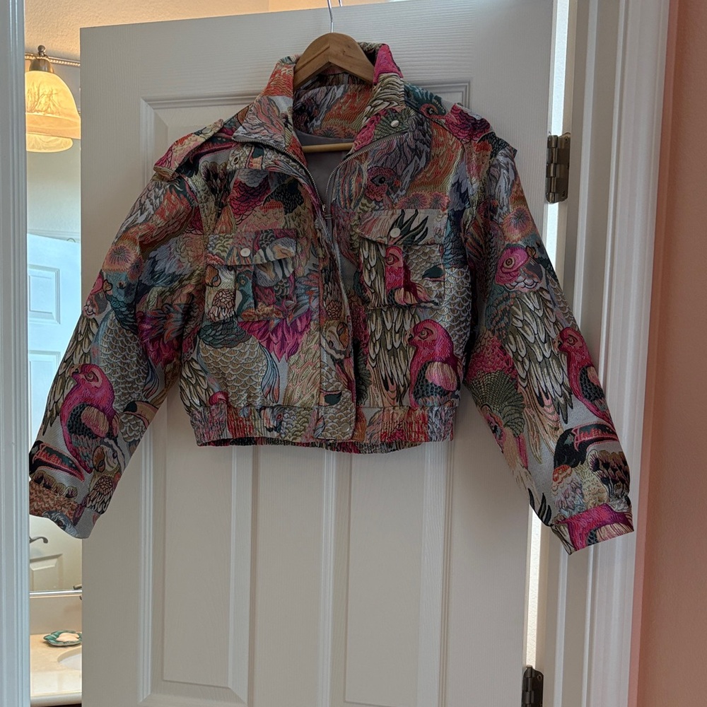 Cropped Bomber Jacket in Multi Pink Pattern